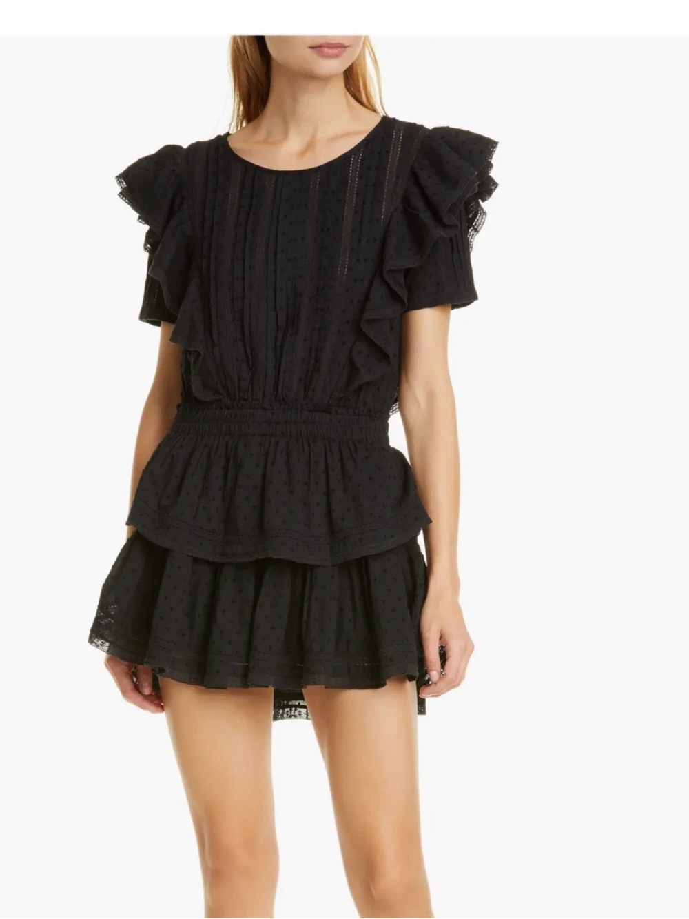 LoveShack Fancy Natasha Tiered
Ruffle Black Short Sleeve Mini Dress